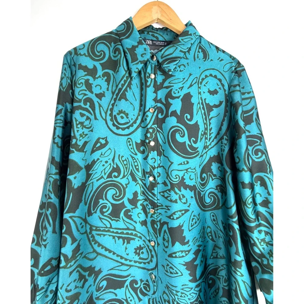 ZARA Teal Black Paisley Satin Shirt Dress XL Long Sleeve Button Up 8735/214 - Picture 3 of 12
